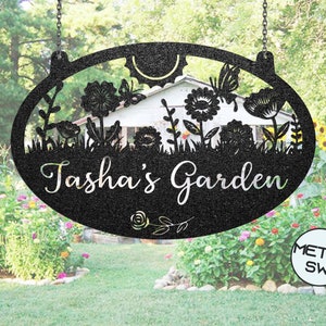 Individuelles hängendes Gartenschild Personalisiertes GardenNamensschild, schönes Gartenschild Plaque, Gartengeschenk im Freien, Gedenkgartenschild, Metallschild