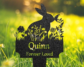 Personalized Bunny Memorial Stake, Rabbit Grave Marker with Flowers, Custom Pet Cemetery Metal Stake, Rabbit Garden Decor, Loss of Pet