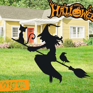 ハロウィンガーデンステーク、ハロウィン黒猫ヤードサインステーク、金属製魔女ヤードデコレーション屋外秋の装飾ハロウィン、ハロウィンギフト