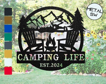 Letrero de metal para camping, letrero de cabaña en el lago, colgante de pared, regalos personalizados para acampar, letrero para fogata, letrero personalizado para fogata, letrero de metal para acampar