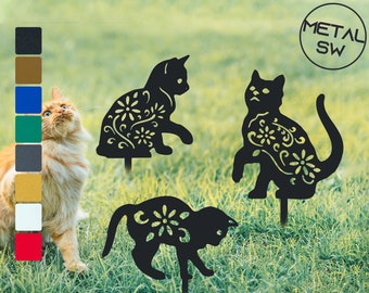 Paquete de 3 estacas de metal para jardín con forma de gato negro, silueta de gato, decoración de jardín, estatuas de animales para exteriores, estacas para decoración de patio, adornos de césped