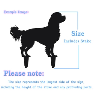 Pode incluir: Silhueta preta de um c&atilde;o com uma estaca, o tamanho inclui a estaca. O texto "Size Includes Stake" est&aacute; escrito em azul. O texto "Please note: The size represents the longest side of the sign, including the height of the stake and any protruding parts." est&aacute; escrito em preto.