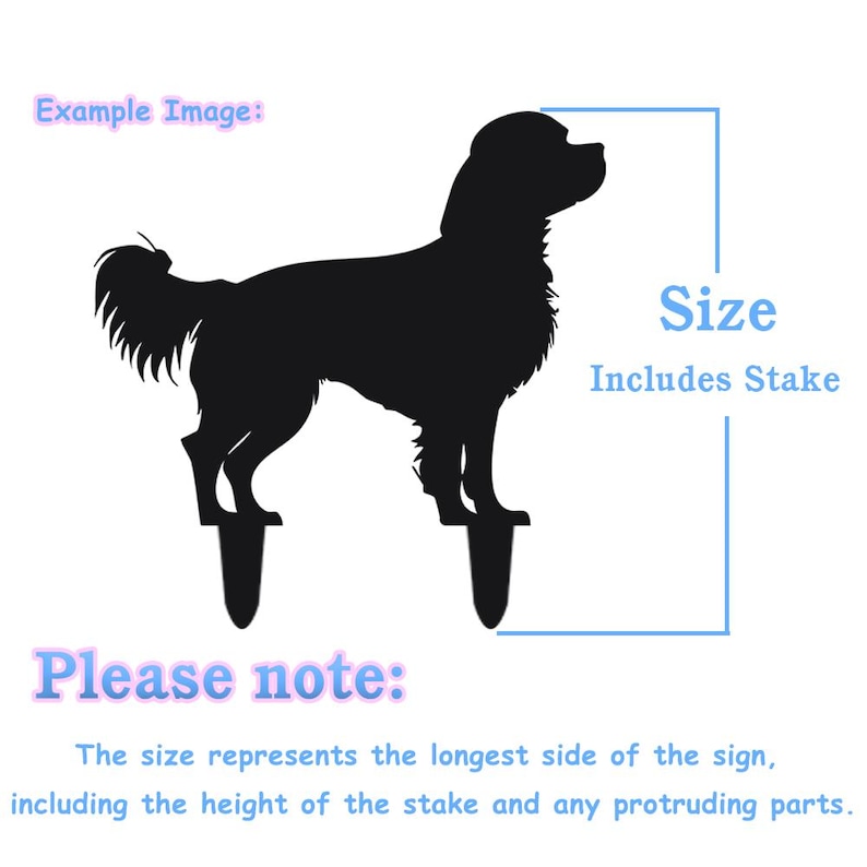 Pode incluir: Silhueta preta de um c&atilde;o com uma estaca, o tamanho inclui a estaca. O texto "Size Includes Stake" est&aacute; escrito em azul. O texto "Please note: The size represents the longest side of the sign, including the height of the stake and any protruding parts." est&aacute; escrito em preto.