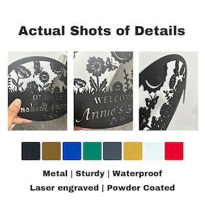 May include: A black metal garden sign featuring a laser-cut design of flowers, butterflies, and a sun. The text reads "WELCOME" and "Annie's Garden". Below the sign are eight color swatches in black, bronze, blue, green, grey, gold, white, and red.