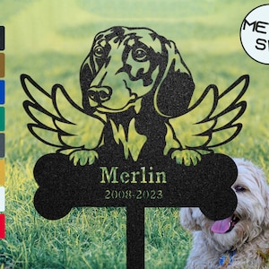 Metal Dachshund Memorial Sign Stakes, Dachshund Grave Marker Pet Pass Away Gift, Family Dog Memorial Plaque, Dog Angel Wings Cemetery Decor