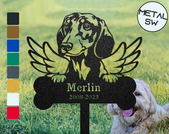 Metal Dachshund Memorial Sign Stakes, Dachshund Grave Marker Pet Pass Away Gift, Family Dog Memorial Plaque, Dog Angel Wings Cemetery Decor