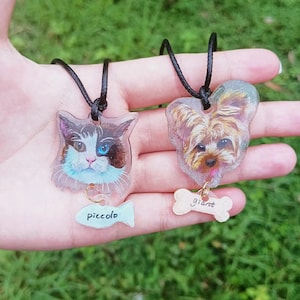 Puede incluir: Dos colgantes de resina en cordones negros con imágenes pintadas de un gato y un perro. El colgante de gato tiene un amuleto de pez azul con la palabra "Piccolo" escrita en él. El colgante de perro tiene un amuleto de hueso con la palabra "Giant" escrita en él.