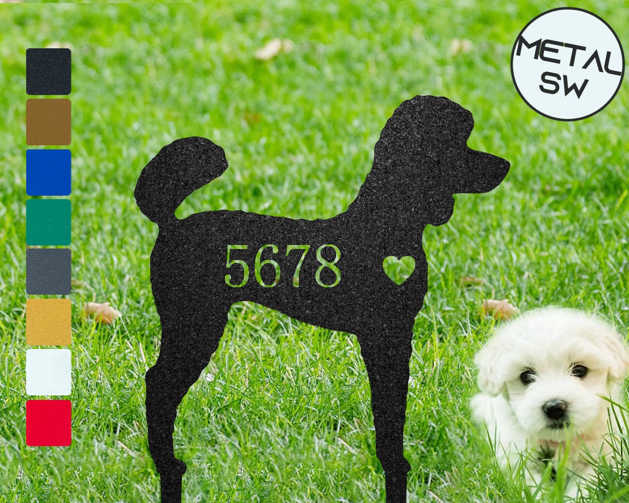 Metal Poodle Art, House Number Sign, Poodle Name Sign, Personalized Dog Silhouette Stakes or Wall hanger, Address sign, Poodle Memorial Gift