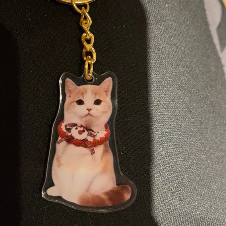 May include: A clear plastic keychain featuring a white and orange cat wearing a red and white festive collar with a small red and white reindeer charm.