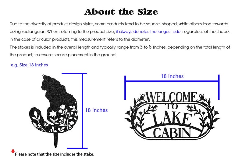 May include: Two examples of metal yard signs, each measuring 18 inches in length. The first sign features a black silhouette of a cat with floral details. The second sign reads "Welcome to Lake Cabin" with a floral design around the text.