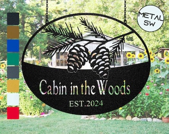 Custom Vacation Cottage Sign Metal Pinecone Hanging Sign Outdoor Garden  Entry Welcome Sign for Cabin in the Woods Personalized Rustic Lodge