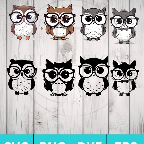 Hibou portant des lunettes Clipart Bundle SVG PNG DXF Eps