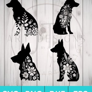 Floral Duitse Sherpherd SVG Bundel voor Cricut Silhouette etc. - SVG PNG Dxf Eps bestanden inbegrepen - Duitse herder clipart