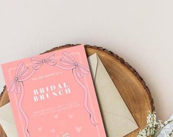 Invitation brunch de mariée noeud rose, modèle de toile modifiable, modèle de brunch de douche nuptiale Coquette, téléchargement immédiat, faire-part imprimable