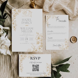 Gold Floral Wedding Invitation Bundle Qr Code, Minimal Invitation Canva Template Set, Modern Invite Suite, Elegant Online Rsvp, Details Card