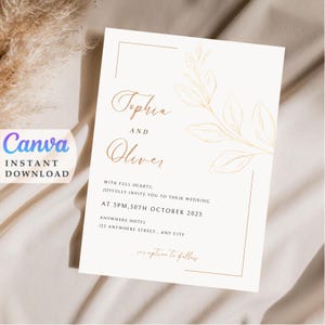 Gold Hochzeitseinladung, bearbeitbare Canva Vorlage Download, minimalistische Hochzeitseinladungen in Gold und Weiß, elegante druckbare Einladungen