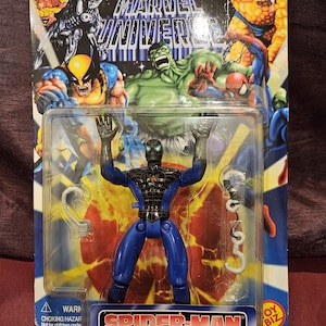 May include: A blue and black Spider-Man action figure with wall crawling action. The figure is posed with arms raised and is holding two white web shooters. The figure is packaged on a blue, red, and yellow card with the words "Spider-Man Wall Crawling Action" printed on it.