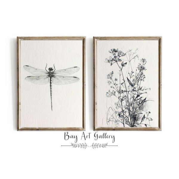 Botanical Sketch Art Print SET of Two | Dragonfly Art | Digital PRINTABLE |  Gallery Wall Art