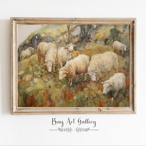 Sheep Painting | Vintage Style Landscape Print | English Farmhouse PRINTABLE