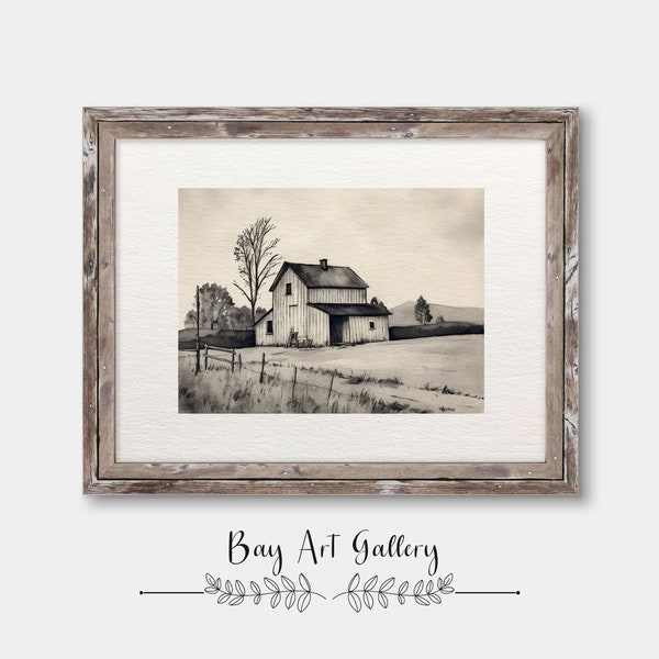 Farm Barn Art | Digital Download | Pen and Ink Drawing | Rural Landscape | Printable Wall Art | Country Life Illustration