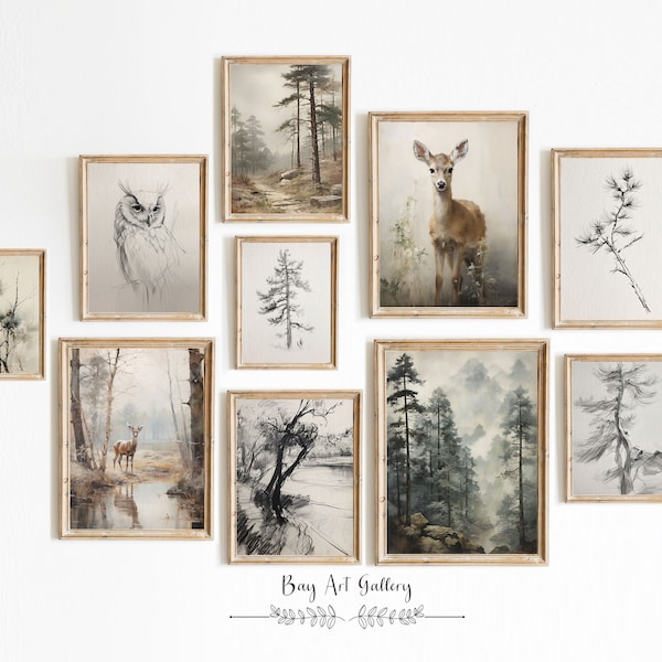 Conjunto de diez, Vintage Woodland Gallery Wall Print SET de 10, Impresiones de paredes de bosques, Paquete de impresiones de vida silvestre, Colección Naturaleza