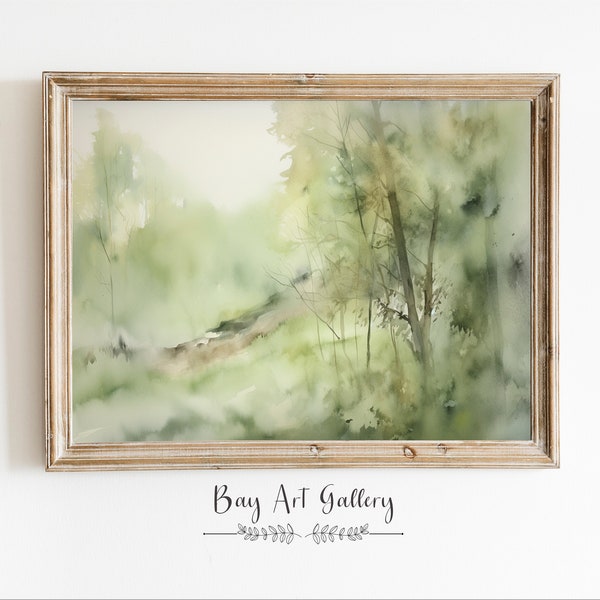 Soft Green Landscape | Muted Green Nature Scenery Painting | PRINTABLE Digital Downloadable | Watercolor Landscape