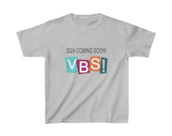custom VBS 2024 custom t shirt Kids Heavy Cotton™ Tee. Christian camp t shirts. Summer camp t shirt customization