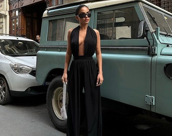 Women's Deep V neck detailed jumpsuit, Black Jumpsuit, Backless Jumpsuit, Sexy long jumpsuit, Wide Leg Jumpsuit