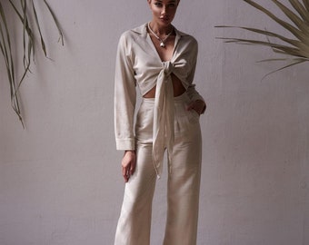 Boho Linen Suit,Women Linen Clothing,Linen Two Piece Set,Linen Top Set,Linen Trouser Set,Wide Leg Pants,Linen Summer Suit,Palazzo Pants,