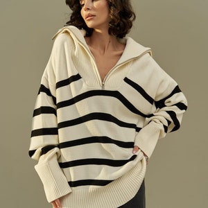 Striped Half Zip Oversized Sweater, Women's Fall Sweater, Oversize Womens Sweater, Relaxed Fit Sweater image 1