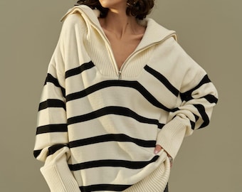 Striped Half Zip Oversized Sweater, Women's Fall Sweater, Oversize Women’s Sweater, Relaxed Fit Sweater