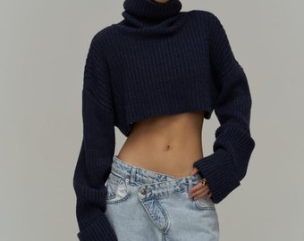 Knit Turtleneck Cropped Sweater, Crop Wool Sweater, Turtleneck Sweater for Women