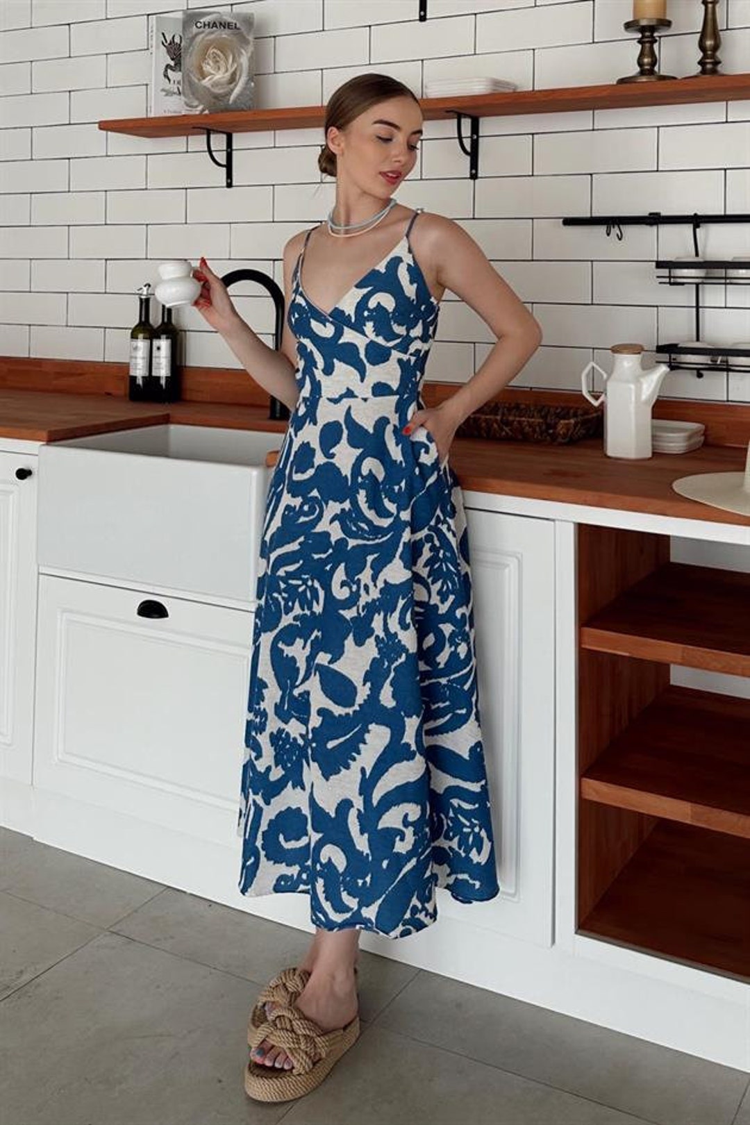 Blue Linen Midi Summer Dress Linen Beach Dress Blue Linen Etsy