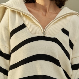 Striped Half Zip Oversized Sweater, Women's Fall Sweater, Oversize Womens Sweater, Relaxed Fit Sweater image 4