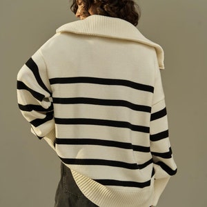 Striped Half Zip Oversized Sweater, Women's Fall Sweater, Oversize Womens Sweater, Relaxed Fit Sweater image 6