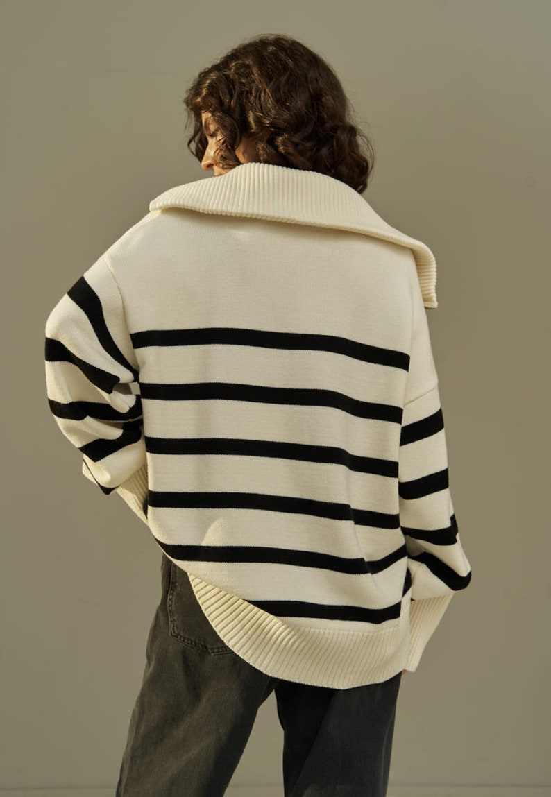 Striped Half Zip Oversized Sweater, Women's Fall Sweater, Oversize Womens Sweater, Relaxed Fit Sweater image 6