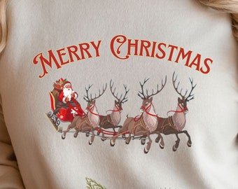 Merry Christmas Santa Sleigh and Reindeer Sweatshirt, Christmas Sweatshirt, Vintage Santa shirt, Retro Christmas Sweatshirt, Holiday Sweater