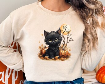 Halloween Black Cat Sweatshirt, Halloween sweatshirt, Cute Fall shirt, Trick or Treat shirt, Black Cat lover, Spooky Season,  Halloween Gift