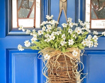 Handmade Artificial Wildflower Basket Wreath | Unique Home Decor | Cream Flowers | Greenery | Door Wreaths UK | Indoor & Outdoor Wreath