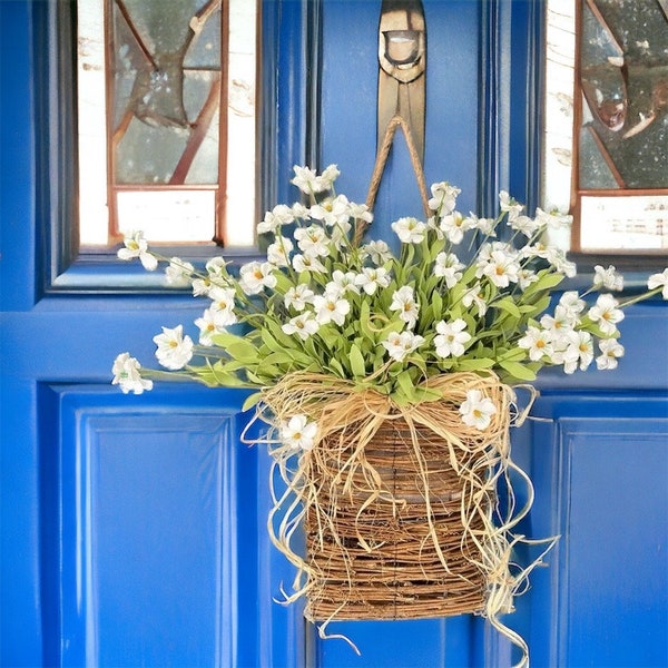 Couronne artificielle faite main de fleurs sauvages | Décoration d'intérieur unique | Fleurs crème | Verdure | Couronnes de porte Royaume-Uni | Couronne d'intérieur et d'extérieur