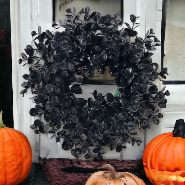 Handmade 38cm Black Eucalyptus Wreath | Halloween Decor | Gothic homeware | Seasonal Decoration