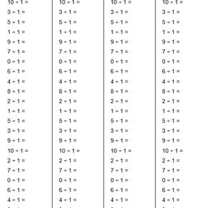 Può includere: Un'immagine in bianco e nero che mostra una serie di problemi di addizione con il numero 1. I problemi sono disposti in quattro colonne, ciascuna colonna contiene gli stessi problemi. I problemi sono: 10 + 1, 3 + 1, 5 + 1, 1 + 1, 9 + 1, 7 + 1, 0 + 1, 6 + 1, 4 + 1, 8 + 1, 2 + 1, 1 + 1, 5 + 1, 3 + 1, 9 + 1, 10 + 1, 2 + 1, 7 + 1, 0 + 1, 6 + 1, 4 + 1, 8 + 1.