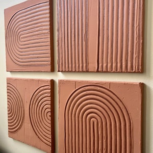 Set of 4 Terra Cotta Texture Art Tiles Boho Home Decor Textured Wall Art Plaster on Canvas Art image 3