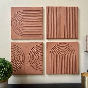 Set of 4 - Terra Cotta Texture Art Tiles - Boho Home Decor - Textured Wall Art - Plaster on Canvas Art