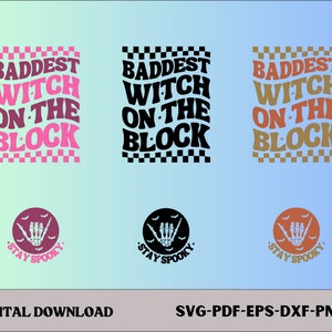 以下が含まれることがあります： チェック柄の背景にレトロなフォントで「Baddest Witch on the Block」というテキストが書かれた、ハロウィーンをテーマにしたグラフィックデザインの3つのバリエーション。各デザインの下には、スケルトンの手とコウモリがついたハンドジェスチャーがあり、「Stay Spooky」というテキストが円の中に書かれています。