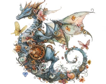 10 Whimsical Steampunk Dragon Watercolor Clipart Bundle | Junk Journal | Scrapbook Printables | Digital JPG JPEG Downloads | Commercial Use