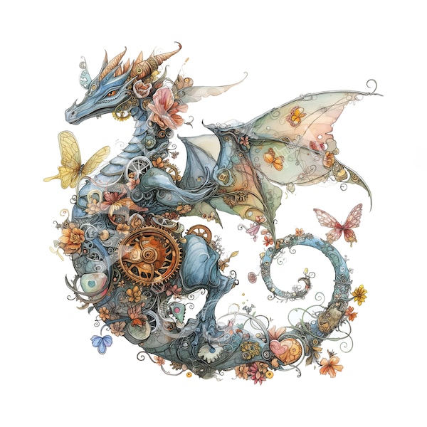 10 Whimsical Steampunk Dragon Watercolor Clipart Bundle | Junk Journal | Scrapbook Printables | Digital JPG JPEG Downloads | Commercial Use