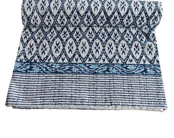 Kantha Blau Quilt Boho Baumwolle Decke Indische Hand Block Decke Reversible Dekor Schlafzimmer Handgefertigte Bettdecken Indian Queen-Size-Bett