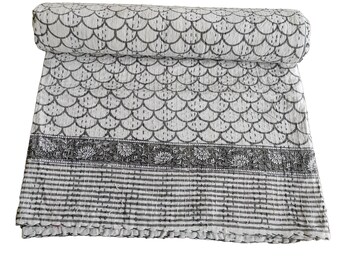 Handblock Cotton Fabric Handmade Bedding Bedspread Bohemian Quilted Throw Blanket Indian Kantha Stitched Gudri Decor Bedroom Living Quilts