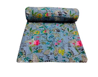 Indische Hippie-Kantha-Steppdecke, grauer Blumen-Paradies-Überwurf, handgefertigte Queen-Size-Bettwäsche, Tagesdecke, Boho-Wende-Steppdecke, Queen-Size-Bettdecke